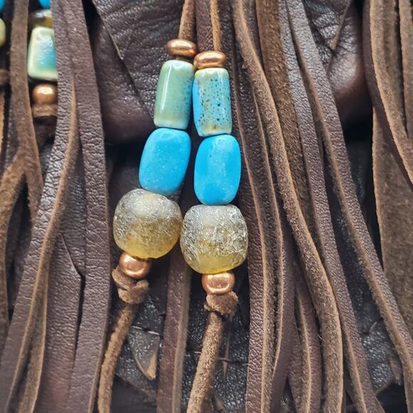 Soft Brown Leather Shoulder Bag Fringe Purse Boho Western Handbag Turquoise SW - Picture 10 of 13